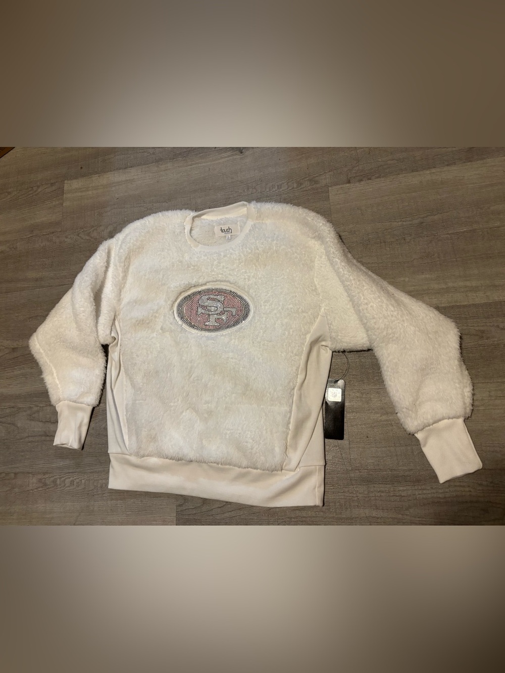 49ers Sweater Women’s L Rhinestone White Fuzzy Soft Bling Football NWT Sports